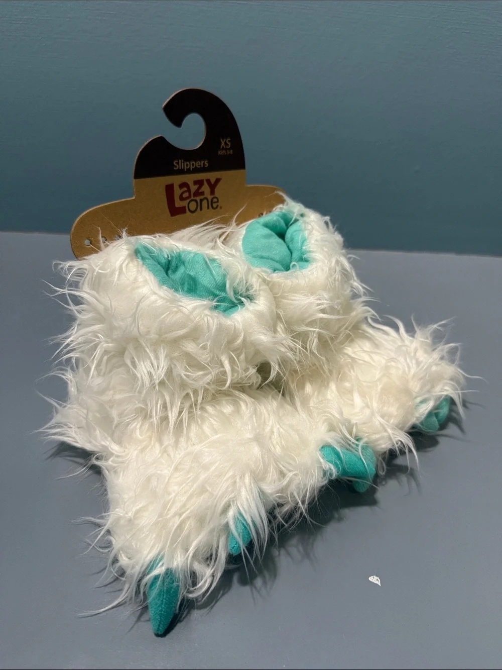 Lazy One White Fuzzy Monster Bootie Slippers with Teal Accents
